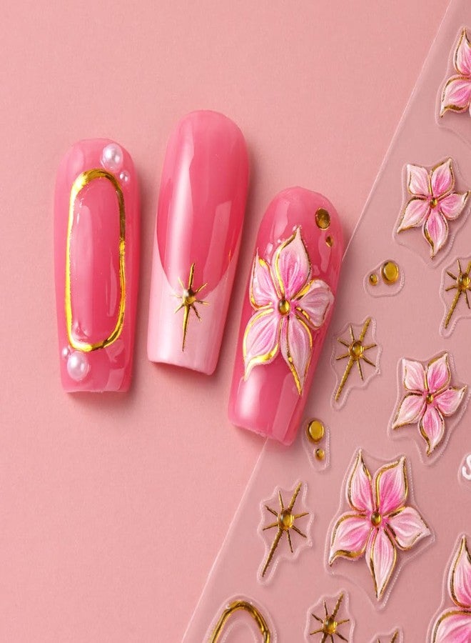 JALIYA 2pcs 5D Embossed Hibiscus Flower Nail Stickers Ice Flower Nail Decals Pink Flowers With Golden Metal Ring Charm Self-Adhesive Sticker Nails for Women Floral Decor Nail Art Sticker Manicure Decorations - Image 4